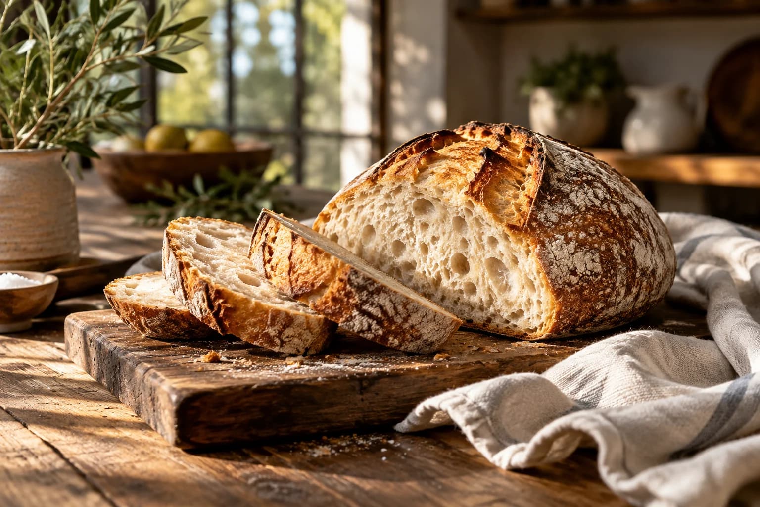 Illustrative photo of a sliced sourdough loaf on a wooden board